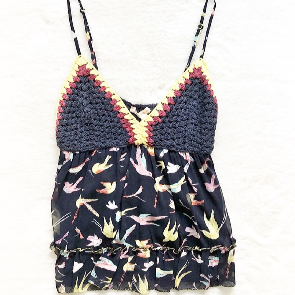 CHELSEA & VIOLET Crochet and Bird Print Top